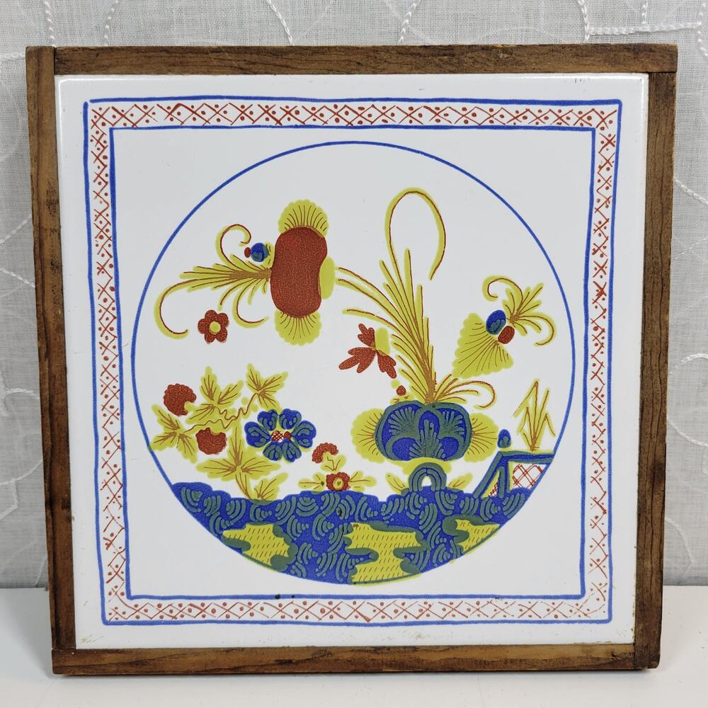 Vintage Tile Trivet Semigres Italy Wood Framed Hand Painted Flower Art MCM